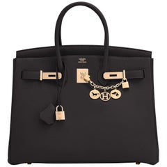 Sac Hermès Birkin 35 cm noir et or rose avec finitions métalliques togo:: estampillé Z:: 2021