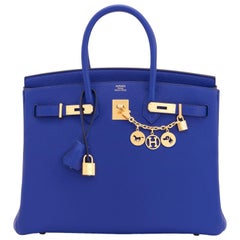 Hermes Birkin 35cm Blue Electric Togo Gold Hardware Bag RARE