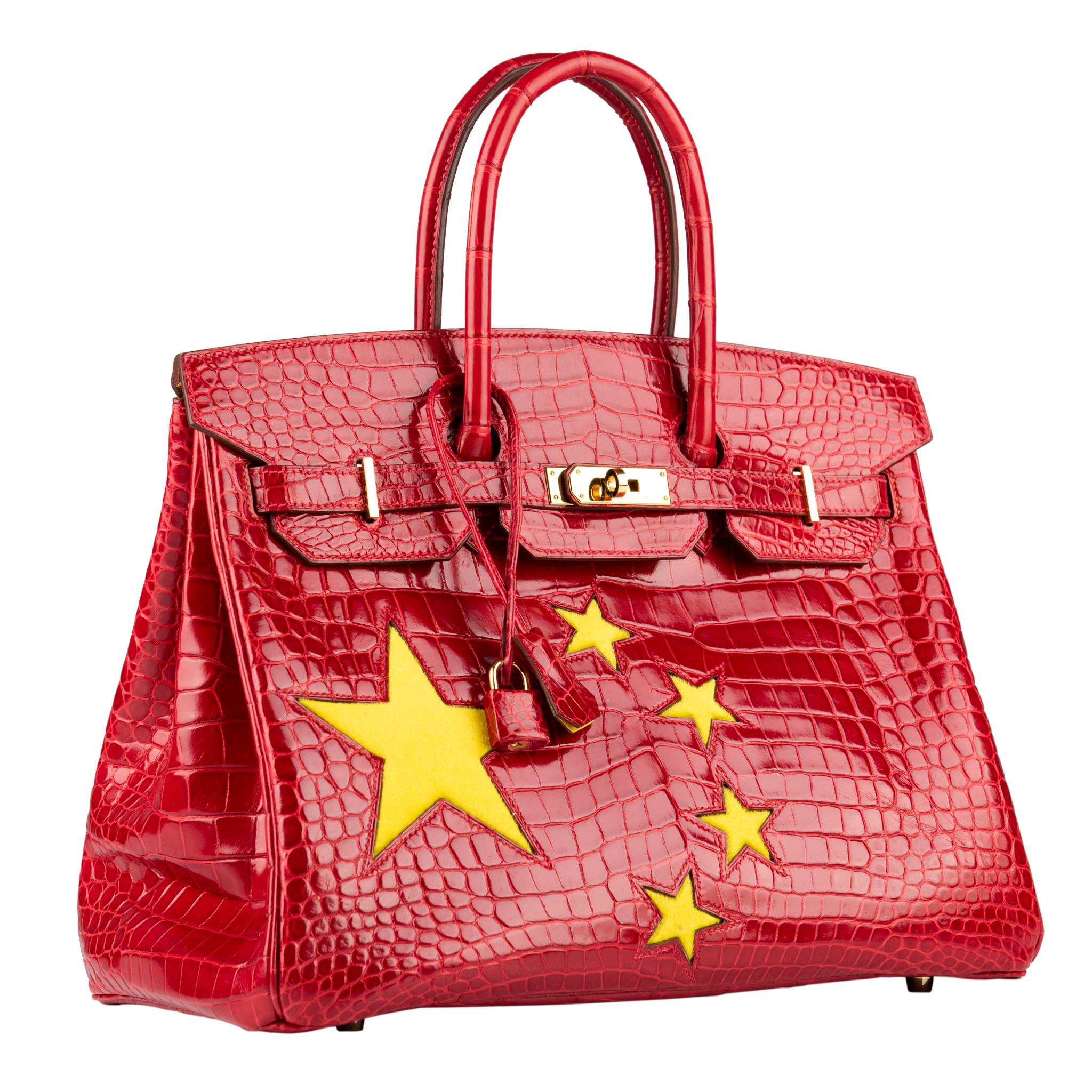 1stdibs Exclusives From Three Over Six

Brand: Hermès 
Style: Birkin “Special Order - China Flag”
Size: 35cm
Color: Braise and Yellow 
Leather: Shiny Porosus Crocodile and Pony Hair
Hardware: Gold
Stamp: 2011 O

Condition: Vintage excellent: This