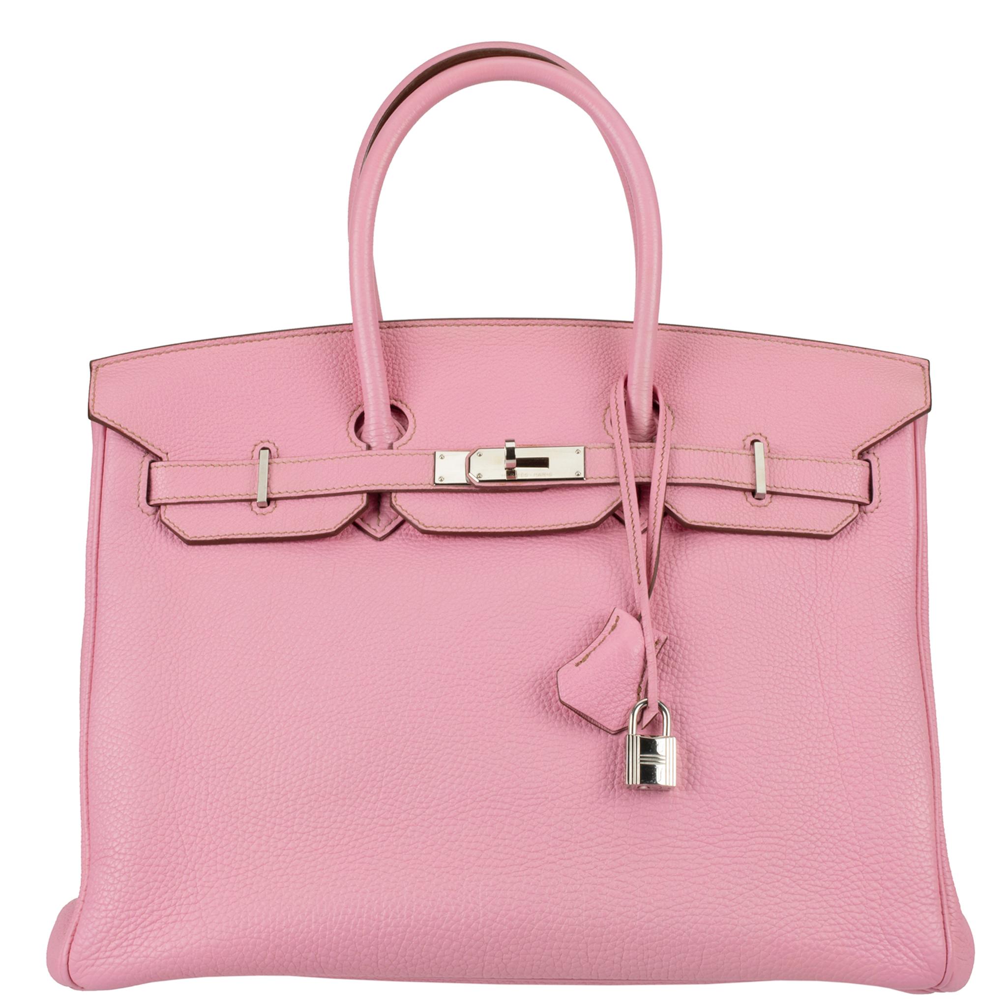 Brand: Hermès 
Style: Birkin Retourne
Size: 35cm
Color: Bubblegum
Leather: Togo Leather
Hardware: Palladium
Year: 2012 P

Condition: Preloved Excellent: 
Age is consistent with general wear, handbag retains structure, and the leather shows minimal