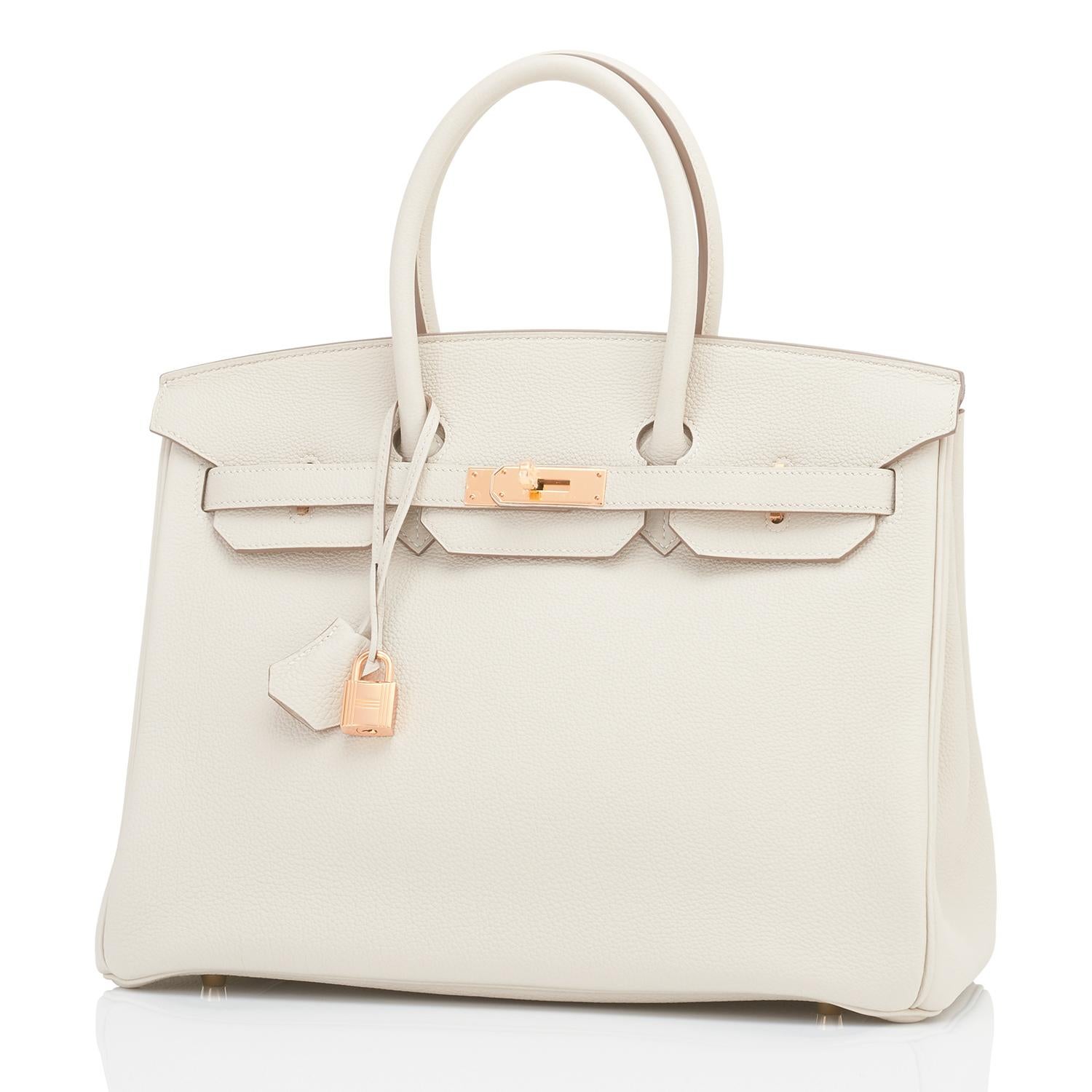 Hermes Birkin 35cm Craie Chalk Off White Togo Rose Gold Hardware 
Incredibly rare combination-- do not miss! Craie with Rose Gold is simply sublime- an ultra rare find in Birkin 35cm size!
Brand New in Box. Store fresh. Pristine Condition (with