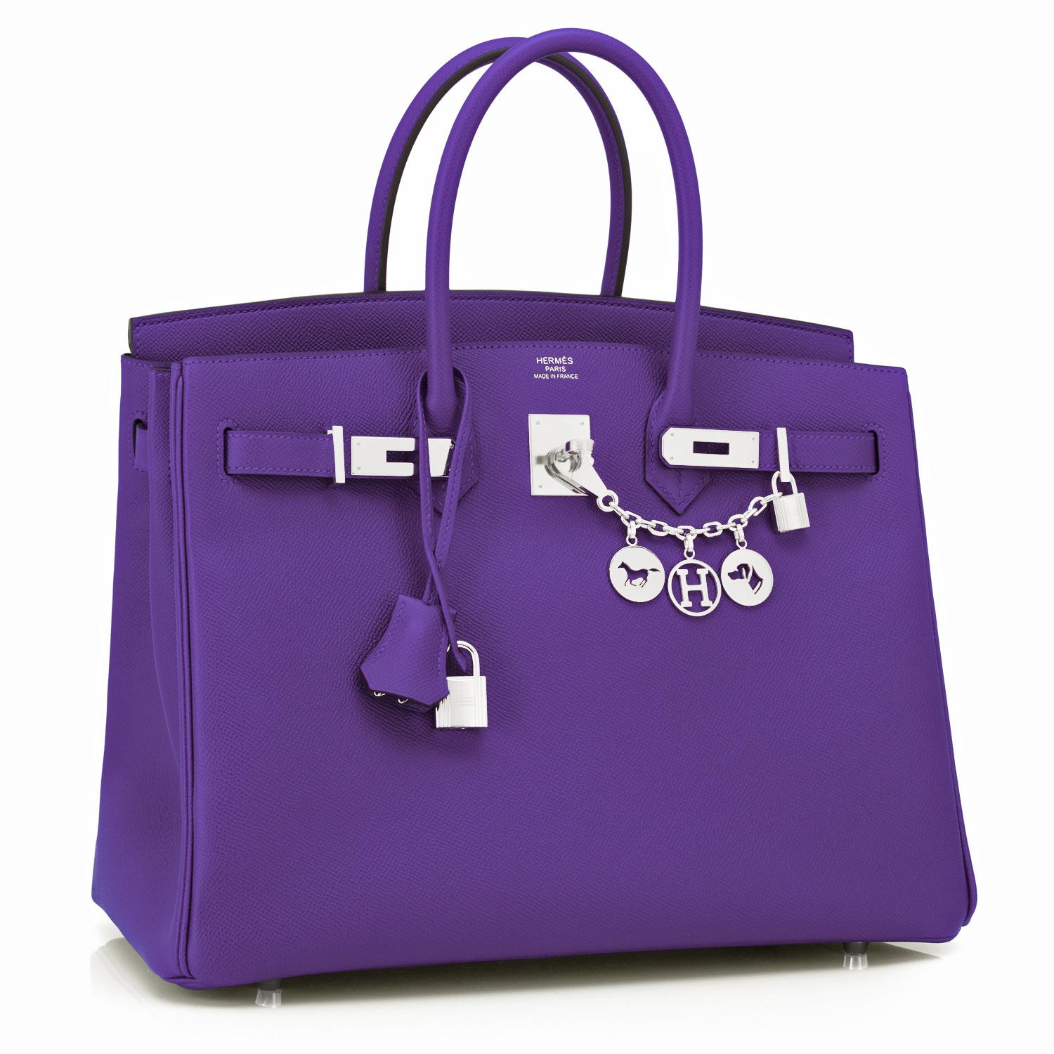 Hermes Birkin 35cm Crocus Deep Purple Epsom Bag Palladium Hardware NEW RARE
Absolutely ravishing! Crocus is a deep jewel-toned purple that has been long discontinued in production.
Very rare find in New or Never Worn, Pristine condition (with