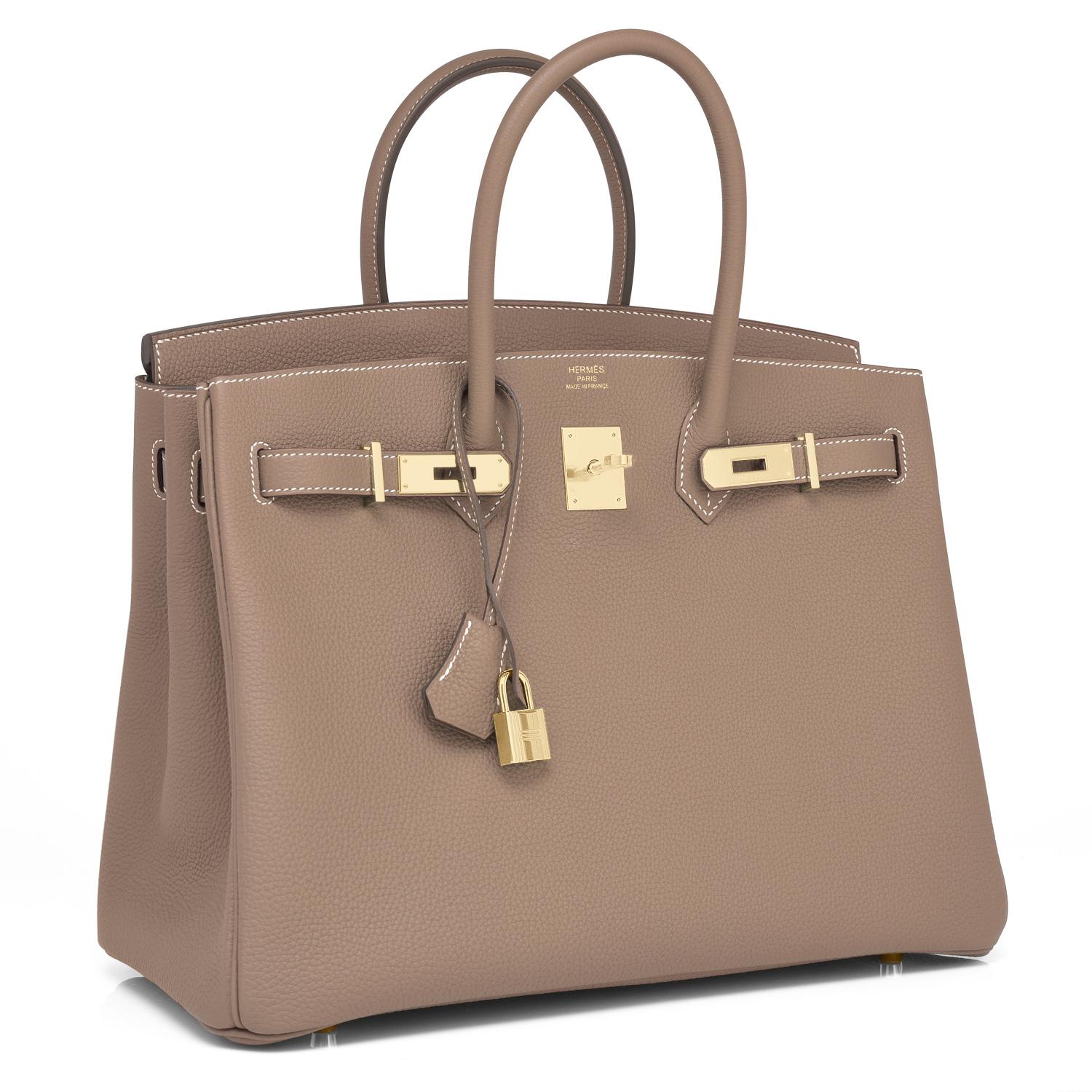 Hermes Etoupe Togo 35cm Birkin Gold Hardware 
Brand New in Box. Store fresh. Pristine Condition (with plastic on hardware). 
Perfect gift! Comes in full set with lock, keys, clochette, sleeper, raincoat, and orange Hermes box.
Here it is - the celeb