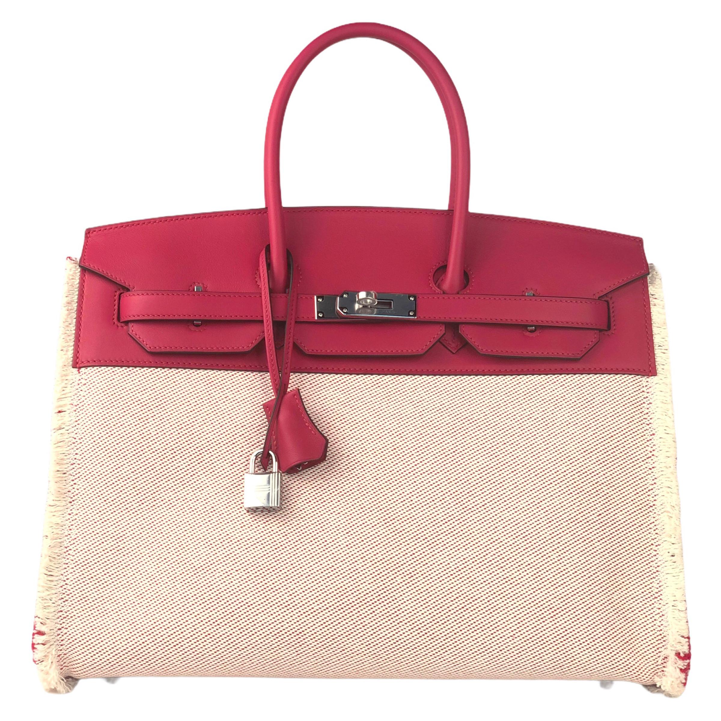 Hermès Birkin 35cm "Fray" Framboise Swift and Ecru Canvas Palladium For Sale at 1stDibs | birkin fray fray, hermes birkin fray fray, hermes fray fray birkin