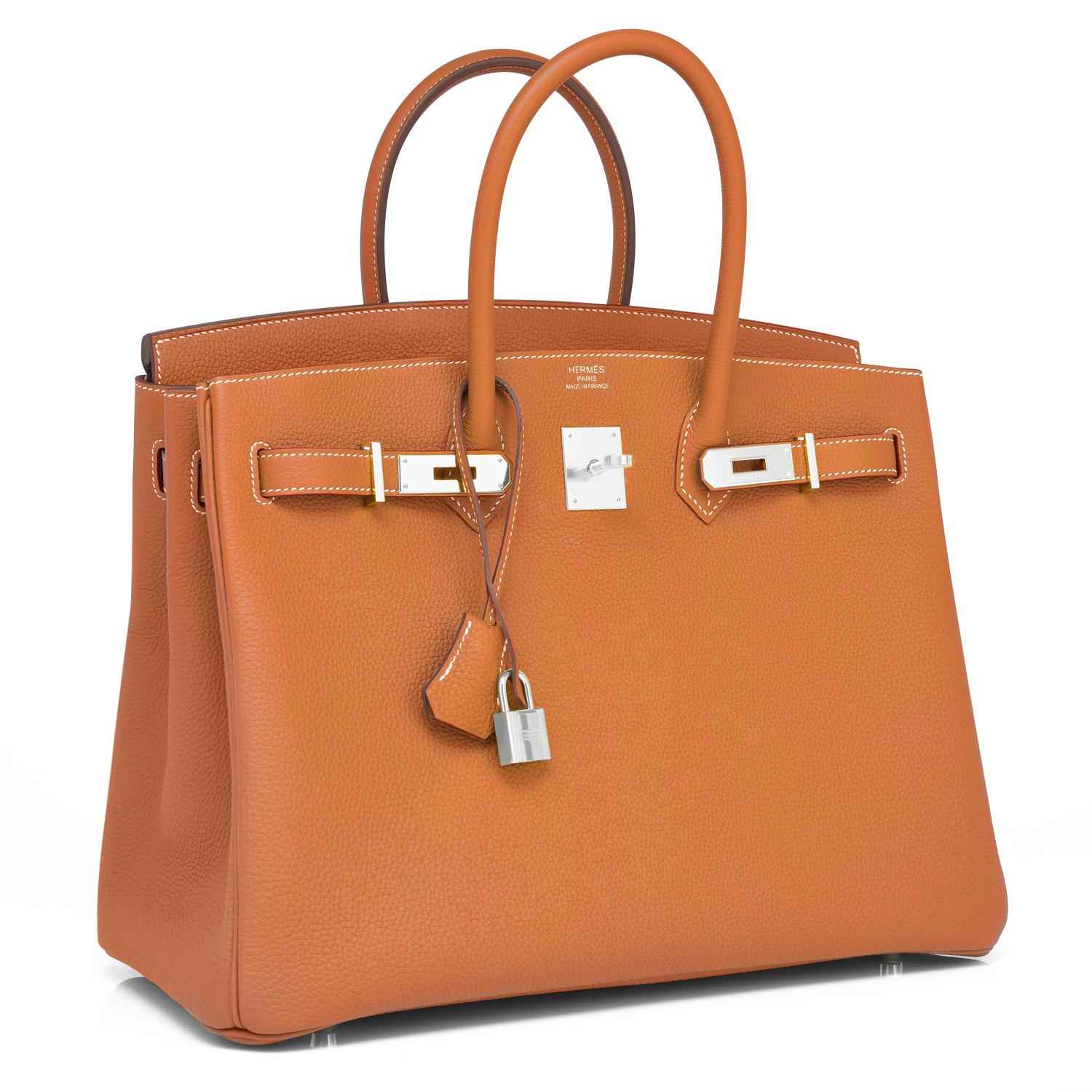 Hermes Gold Togo Camel Tan 35cm Birkin Palladium Hardware Y Stamp, 2020
Brand New in Box. Store Fresh. Pristine Condition (with plastic on hardware). 
Perfect gift! Comes with lock, keys, clochette, sleeper, raincoat, and Hermes box.
Gold is a
