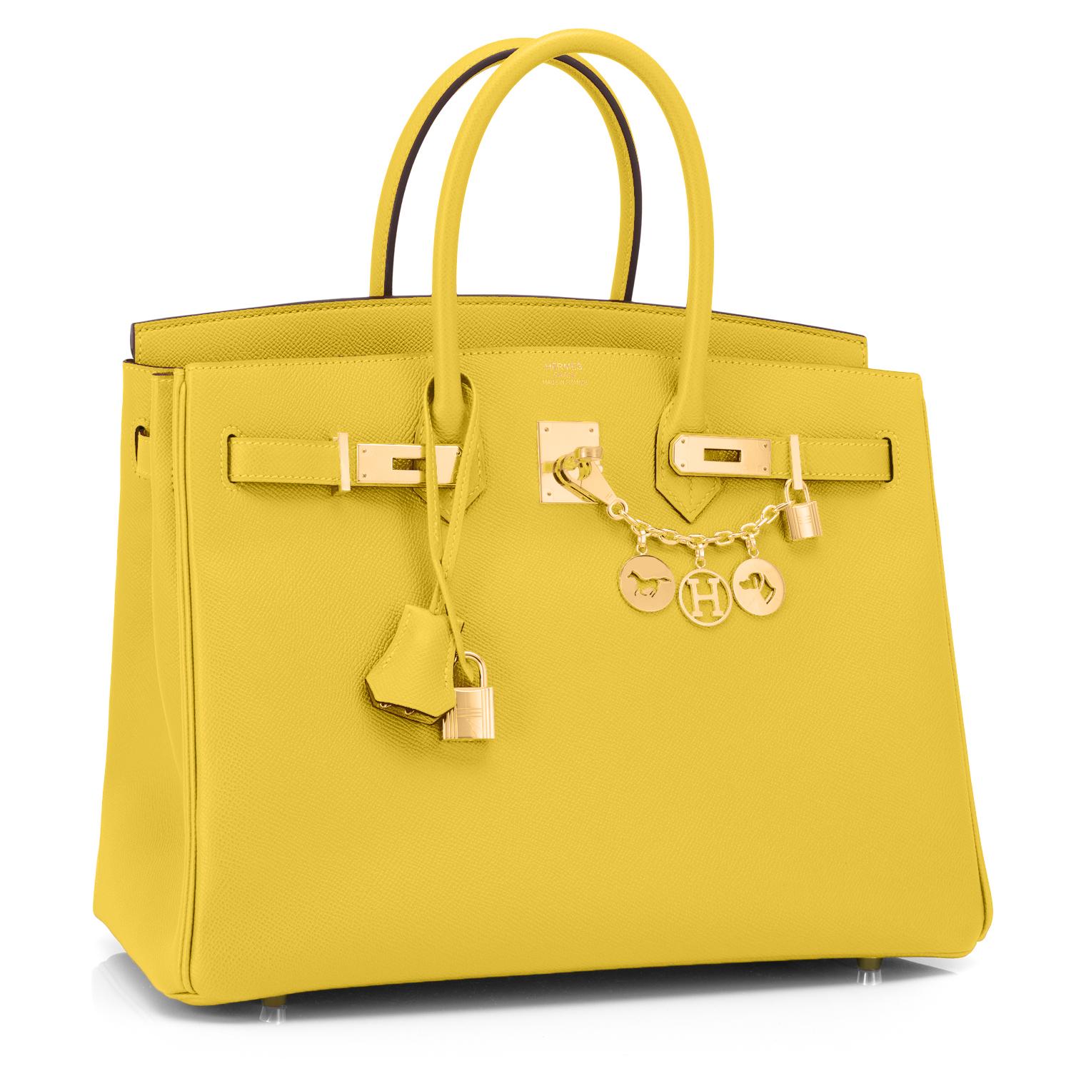 Guaranteed Authentic Hermes Lime 35cm Birkin Epsom Gold Hardware 
Brand New in Box. Pristine condition (with plastic on hardware). 
Perfect gift! Coming full set with keys, lock, clochette, a sleeper for the bag, rain protector, and orange Hermes