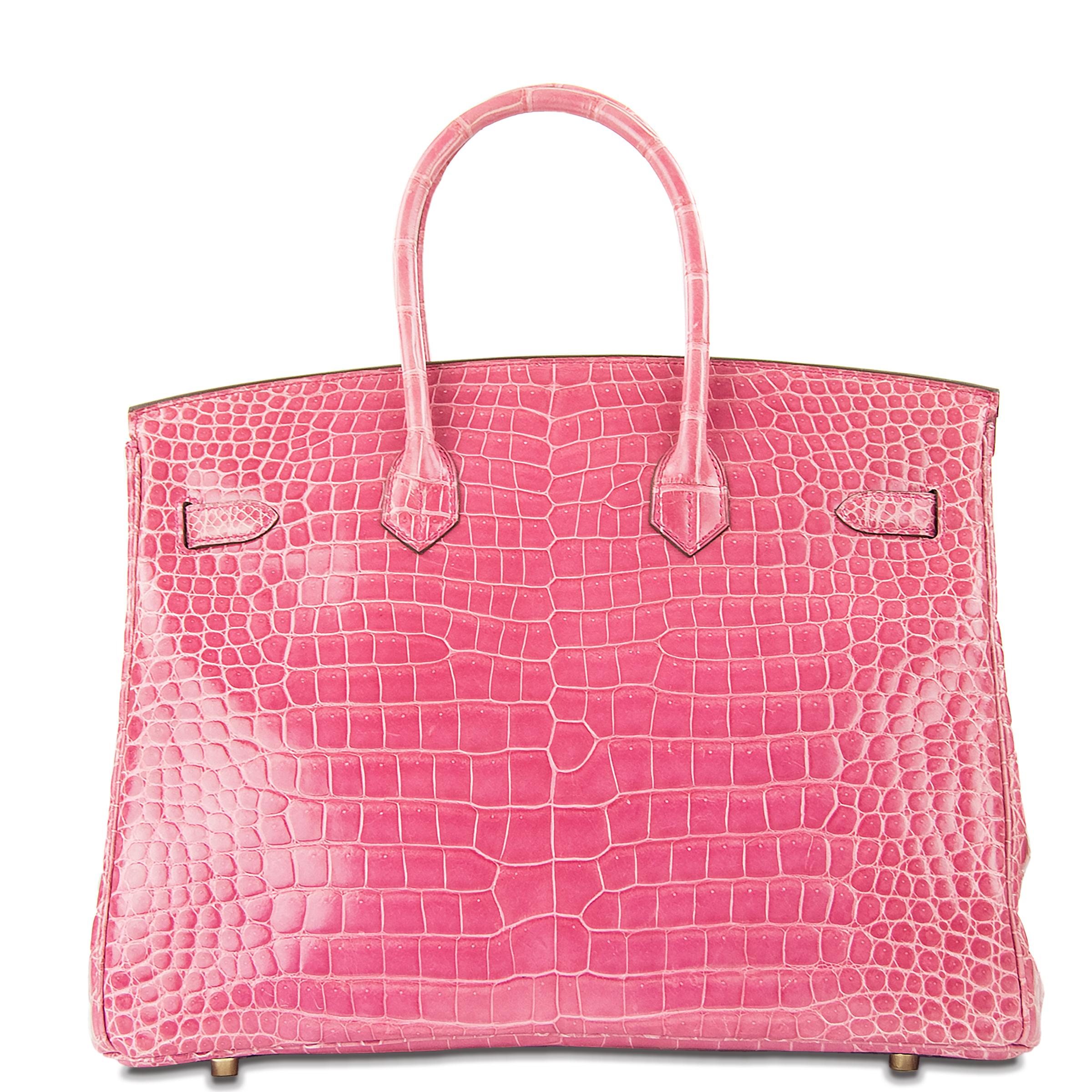 Incredibly rare Hermes 35cm Birkin in Pink Porosus Crocodile. This iconic special order Hermes Birkin bag is timeless and chic. Fresh and crisp with gold hardware. 

    Condition: New or Never Used
    Made in France
    Bag Measures: 35cm (13.8