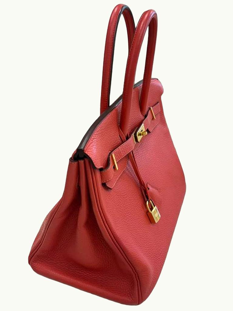 Hermes Birkin 35cm Rouge Pivoine Clemence Leather Gold Hardware Handbag en vente 9
