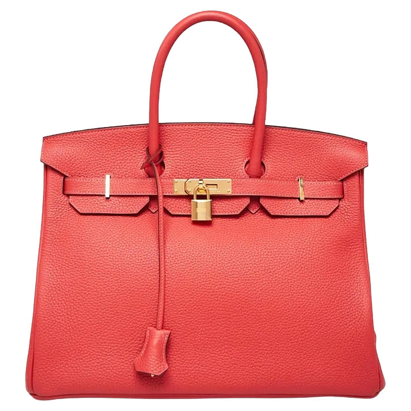 Hermes Birkin 35cm Rouge Pivoine Clemence Leather Gold Hardware Handbag en vente