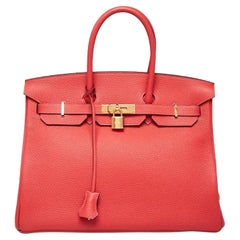 Hermes Birkin 35cm Rouge Pivoine Clemence Leather Gold Hardware Handbag