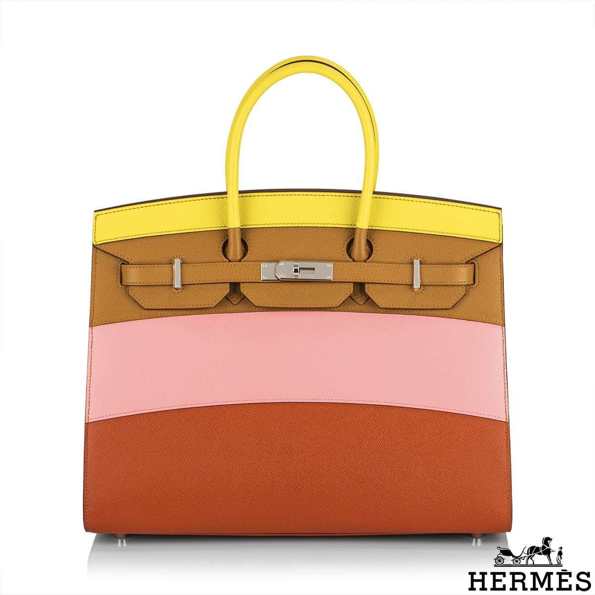 A Rare Limited Edition Hermès Sellier Birkin 35cm Rainbow Sunrise bag. The exterior of this Birkin features Epsom leather in yellow lime, sésame beige, rose confetti, and brown terre. These sunrise-inspired colours are complemented with palladium