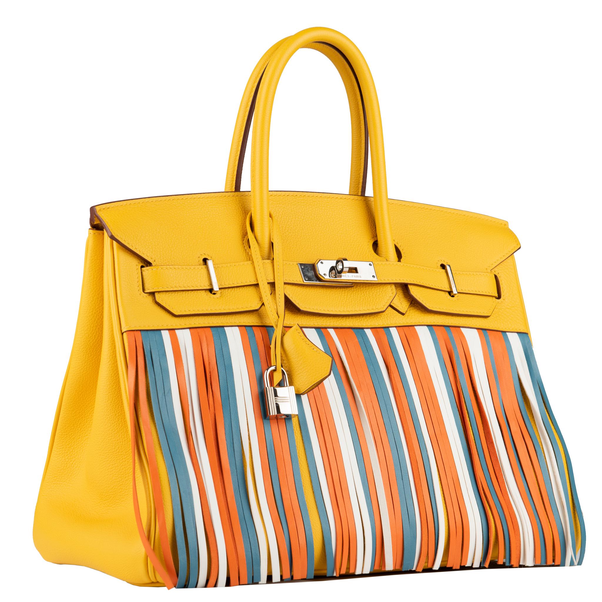 Arancia Hermes Birkin 35cm Soleil e frangia multicolore Swift in pelle Palladium Hardware
