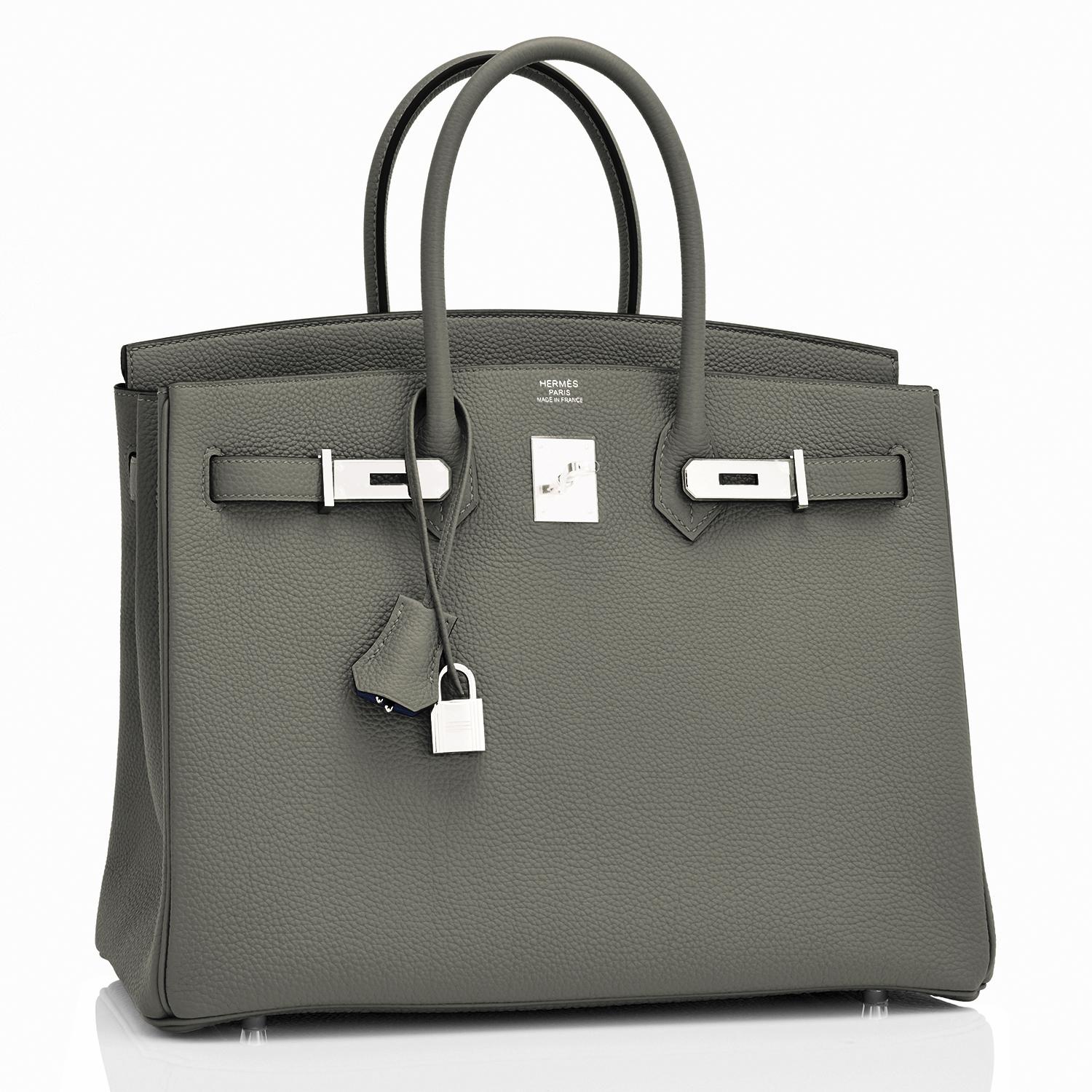 Hermes Birkin 35cm Vert de Gris Green Grey Togo Palladium Bag Y Stamp, 2020
Rare and gorgeous green-gray color perfect for fall!
Brand New in Box. Store Fresh. Pristine Condition (with plastic on hardware). 
Comes with lock, keys, clochette,
