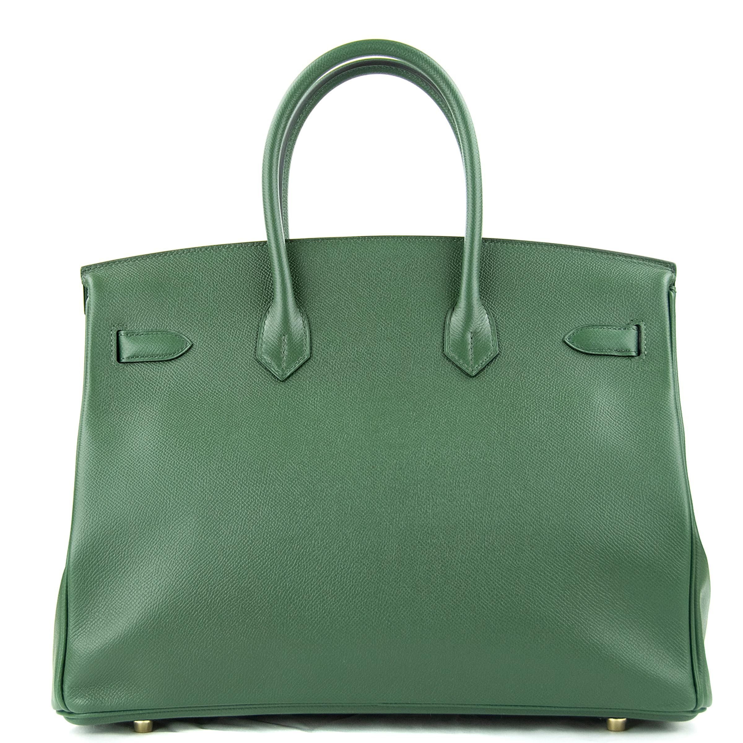 Hermes 35cm Birkin bag in Vert Fonce Epsom. This iconic special order Hermes Birkin bag is timeless and chic. Fresh and crisp with gold hardware.

    Condition: New or Never Used
    Made in France
    Bag Measures: 35cm (13.8