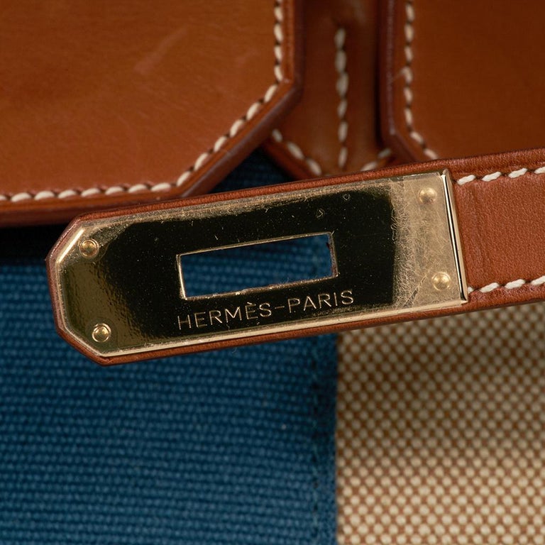 Brown Hermes Birkin 40 Bag Blue Flag Toile / Barenia Leather Permabrass  For Sale