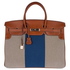 Hermes Birkin 40 Blaue Flagge Toile / Barenia Ledertasche Permabrass Limitierte Auflage
