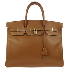 Hermes Birkin 40 Cognac Leather Gold Carryall Top Handle Satchel Tote in Box