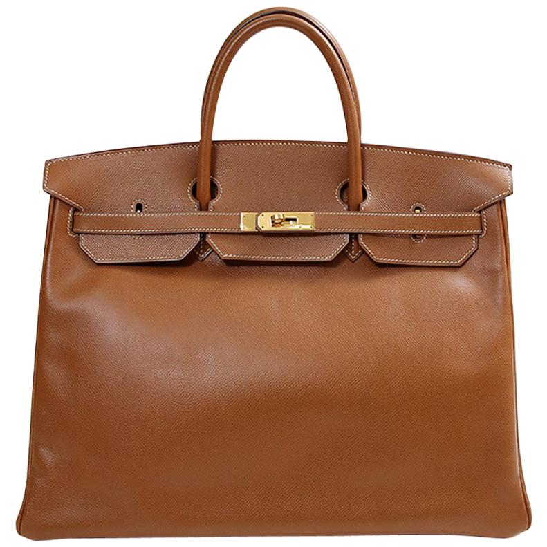 Hermes Birkin 40 Cognac Leather Gold Travel Carryall Top Handle Satchel Tote