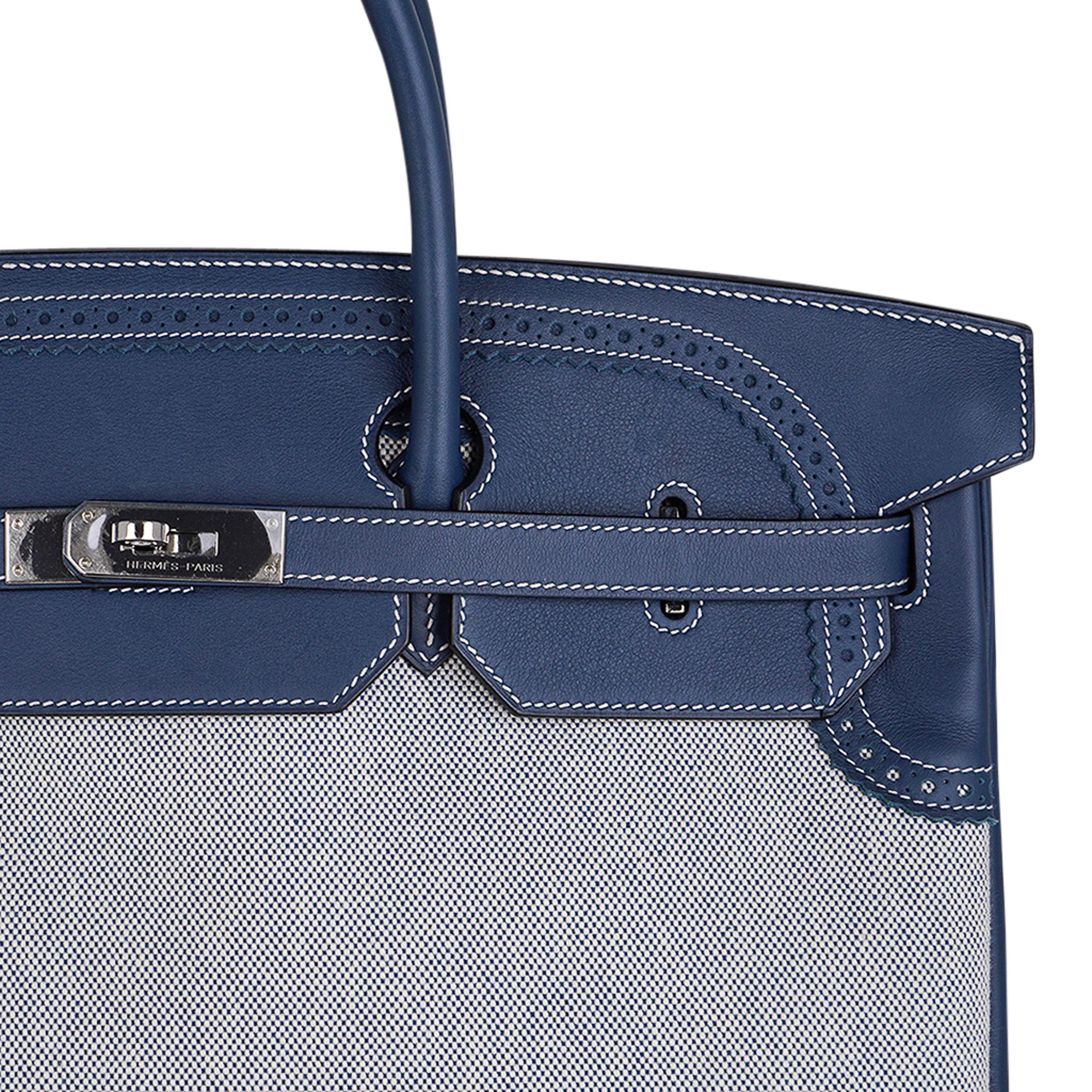 Gray Hermes Birkin 40 Ghillies Blue de Prusse w/ Blue Toile Bag Limited Edition For Sale