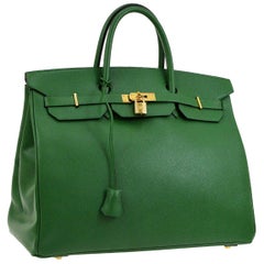 Retro Hermes Birkin 40 Green Leather Gold Carryall Travel Top Handle Satchel Tote Bag