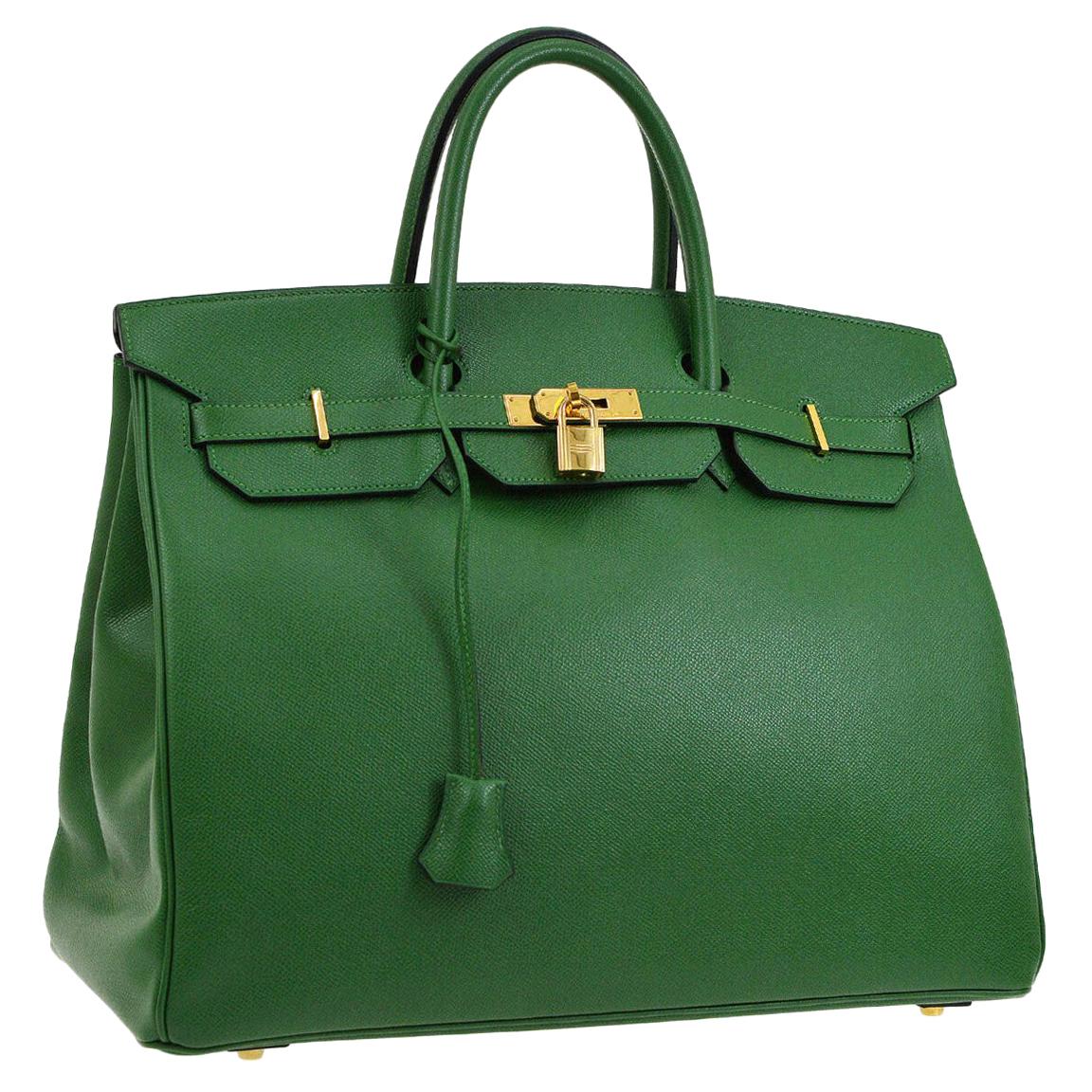 Hermes Birkin 40 Green Leather Gold Carryall Travel Top Handle Satchel Tote Bag