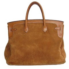 HERMES Birkin 40 Grizzly Bag in Doblis Calf and Fawn Barénia Leather
