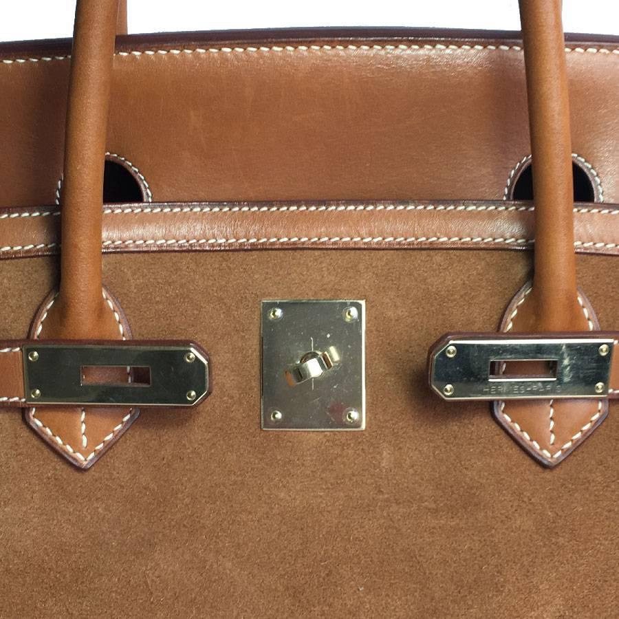 Brown HERMES Birkin 40 Grizzly Bag in Doblis Calf and Fawn Barénia Leather