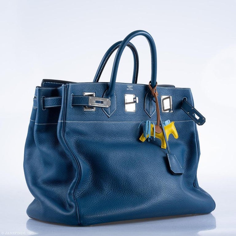Hermès Birkin 40 HAC Blue Thalassa Togo & White Stitching Palladium Ha