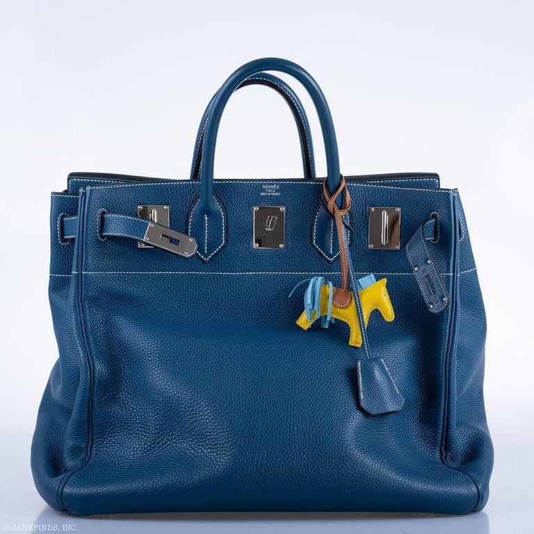 Hermès Birkin 40 HAC Blue Thalassa Togo and White Stitching Palladium  Hardware Bag For Sale at 1stDibs