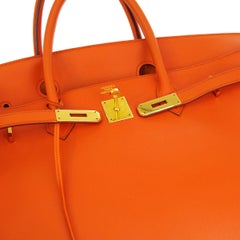 Hermes Birkin 40 Orange Leather Gold Travel Carryall Top Handle Satchel Tote