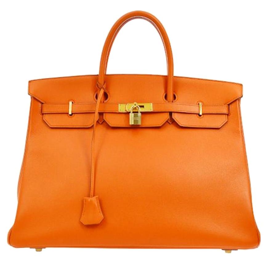 Hermes Birkin 40 Orange Leather Gold Travel Carryall Top Handle Satchel Tote