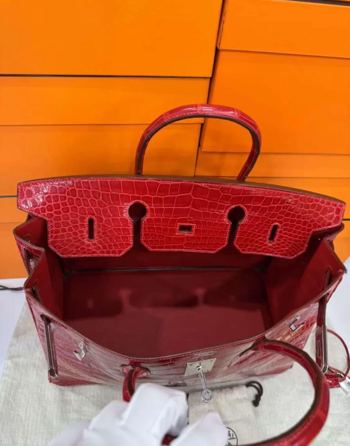 Hermes Birkin 40 Crocodile Shiny Porosus Red Bag with Diamonds 18K White Gold For Sale 6