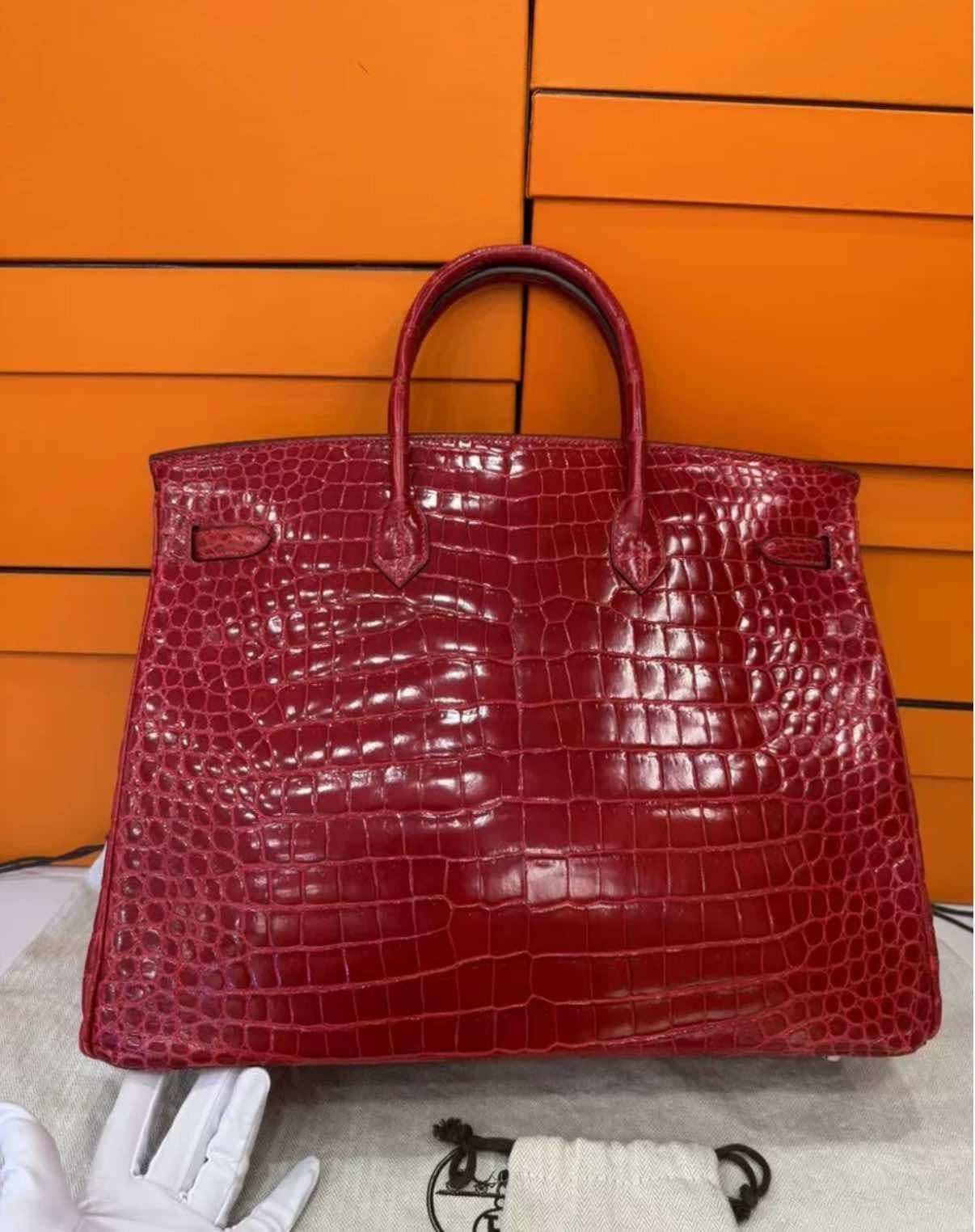 Hermes Birkin 40 Crocodile Shiny Porosus Red Bag with Diamonds 18K White Gold In Excellent Condition For Sale In New York, NY