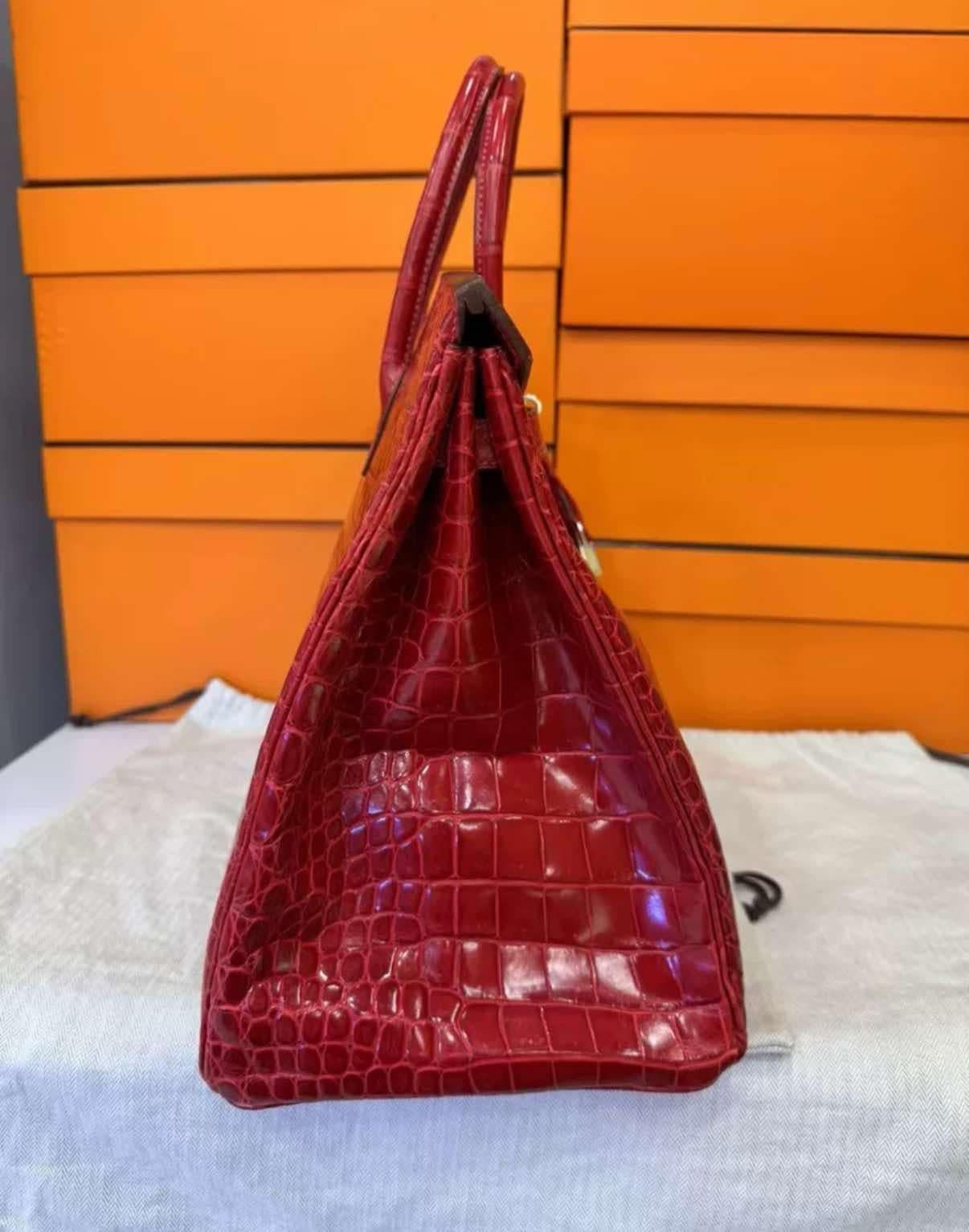 Women's or Men's Hermes Birkin 40 Crocodile Shiny Porosus Red Bag with Diamonds 18K White Gold For Sale