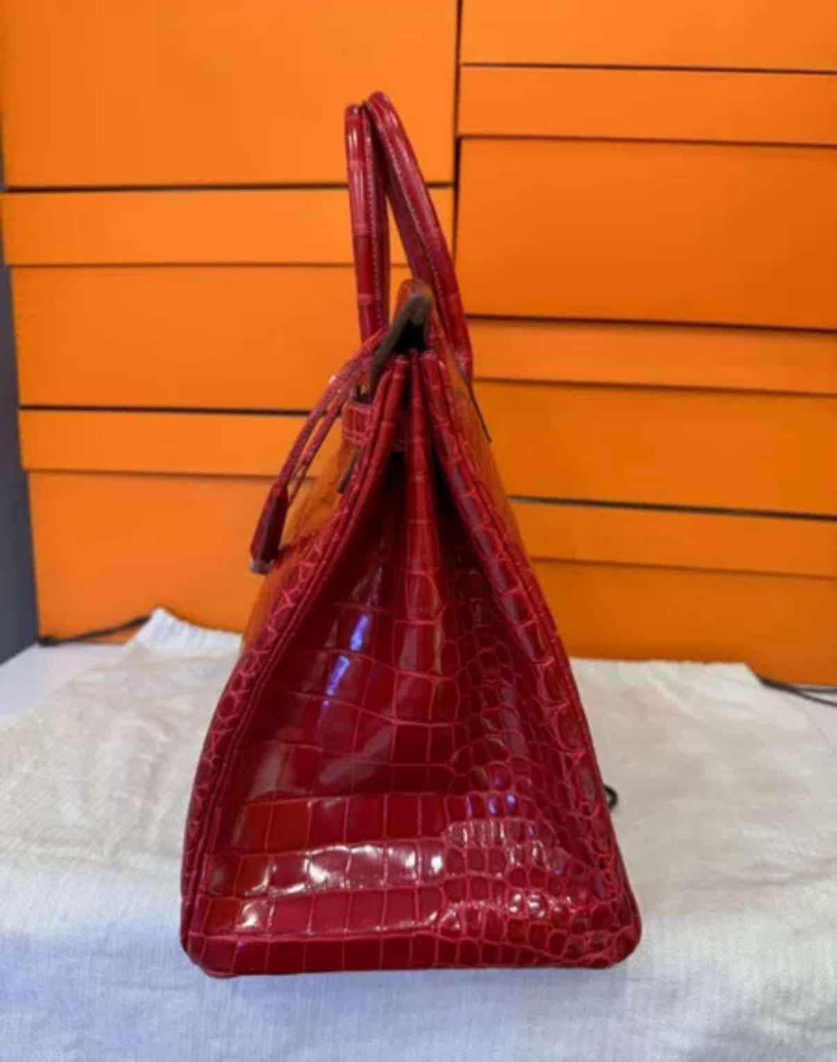 Hermes Birkin 40 Crocodile Shiny Porosus Red Bag with Diamonds 18K White Gold For Sale 1