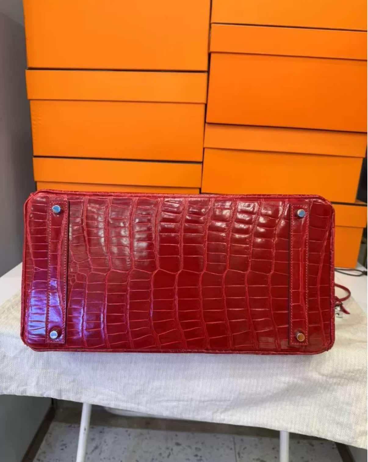 Hermes Birkin 40 Crocodile Shiny Porosus Red Bag with Diamonds 18K White Gold For Sale 2