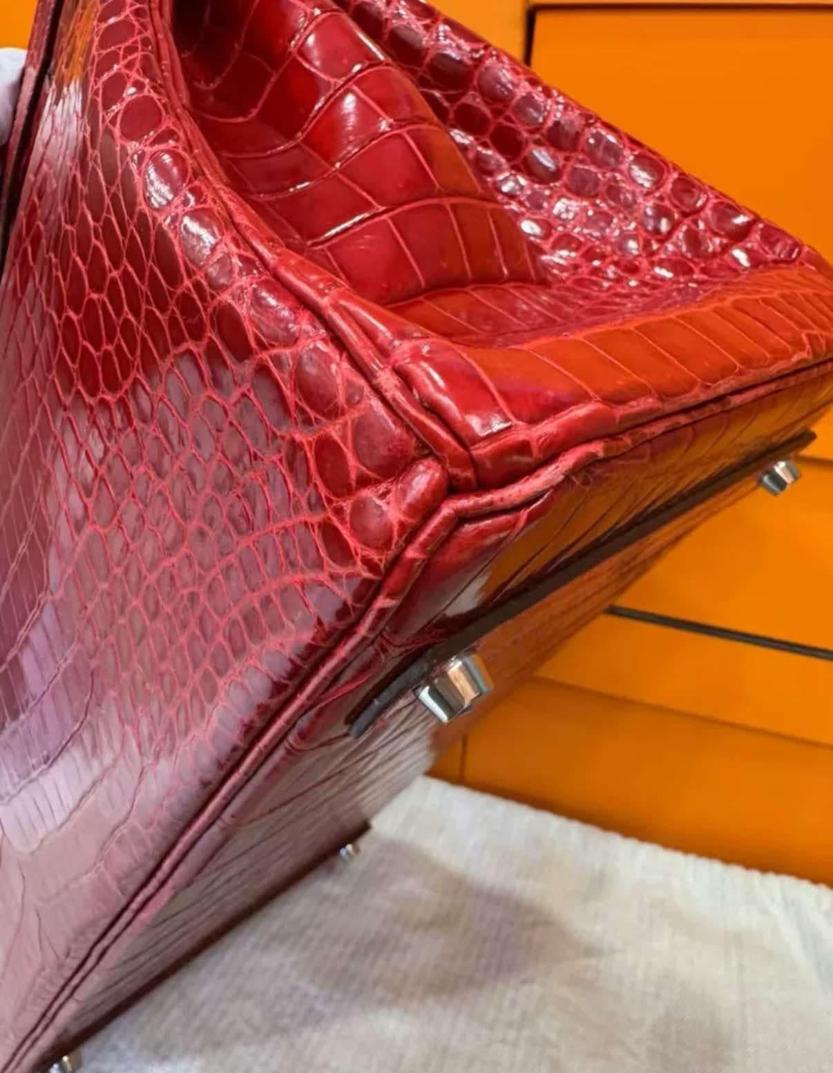 Hermes Birkin 40 Crocodile Shiny Porosus Red Bag with Diamonds 18K White Gold For Sale 3
