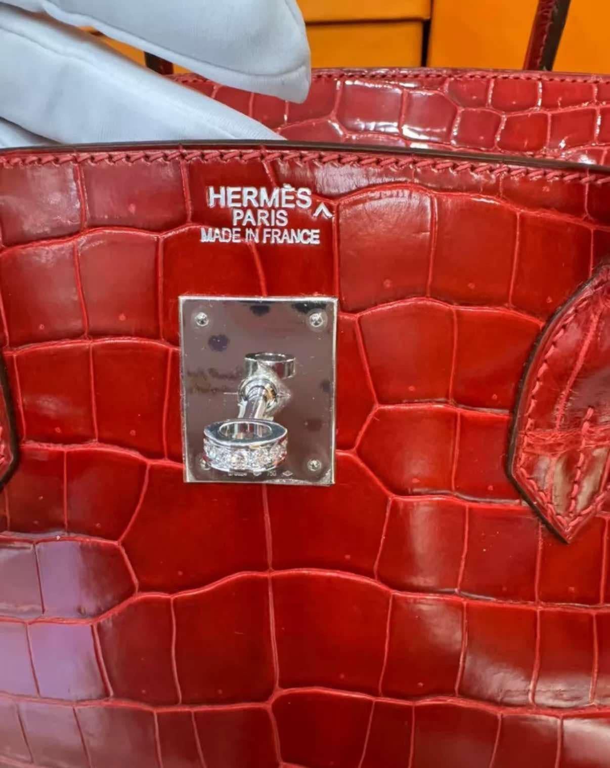 Hermes Birkin 40 Crocodile Shiny Porosus Red Bag with Diamonds 18K White Gold For Sale 5