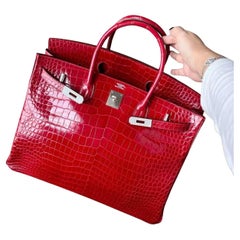 Hermes Birkin 40 Crocodile Shiny Porosus Red Bag with Diamonds 18K White Gold
