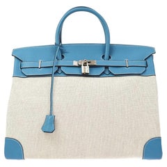 Hermes Birkin 40 Teal Blue Leather Canvas Top Handle Satchel Tote Carryall Bag