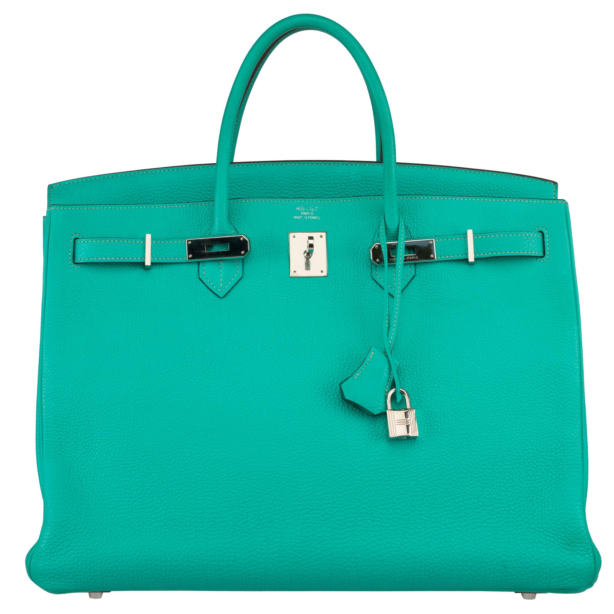 Brand: Hermès 
Style: Birkin Retourne
Size: 40cm
Color: Lagoon
Leather: Togo Leather
Hardware: Palladium
Year: 2009 M

Condition: Preloved Excellent:

Age is consistent with general wear, handbag retains structure, and the leather shows minimal