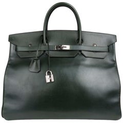 Hermes Birkin 50 Sac Voyage Tote Vert Foncé Palladium Très Rare