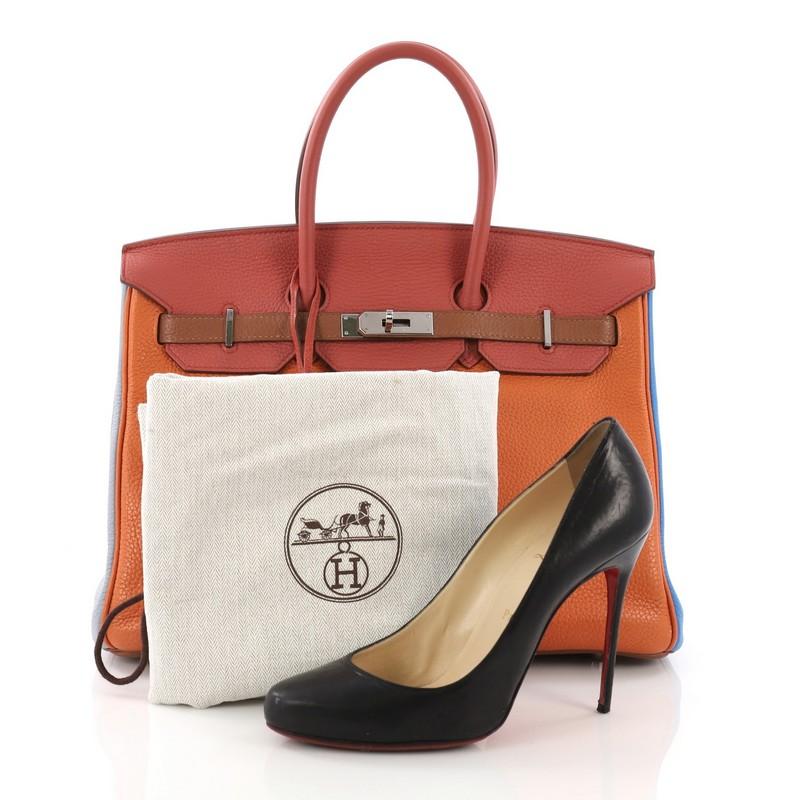 This Hermes Birkin Arlequin 35, crafted in Orange H, Etain, Sanguine, Bleu Hydra, Gold, Bleu Lin multicolor Clemence leather, features dual rolled handles, frontal flap and Palladium hardware. Its turn-lock closure opens to a Gold brown Chevre