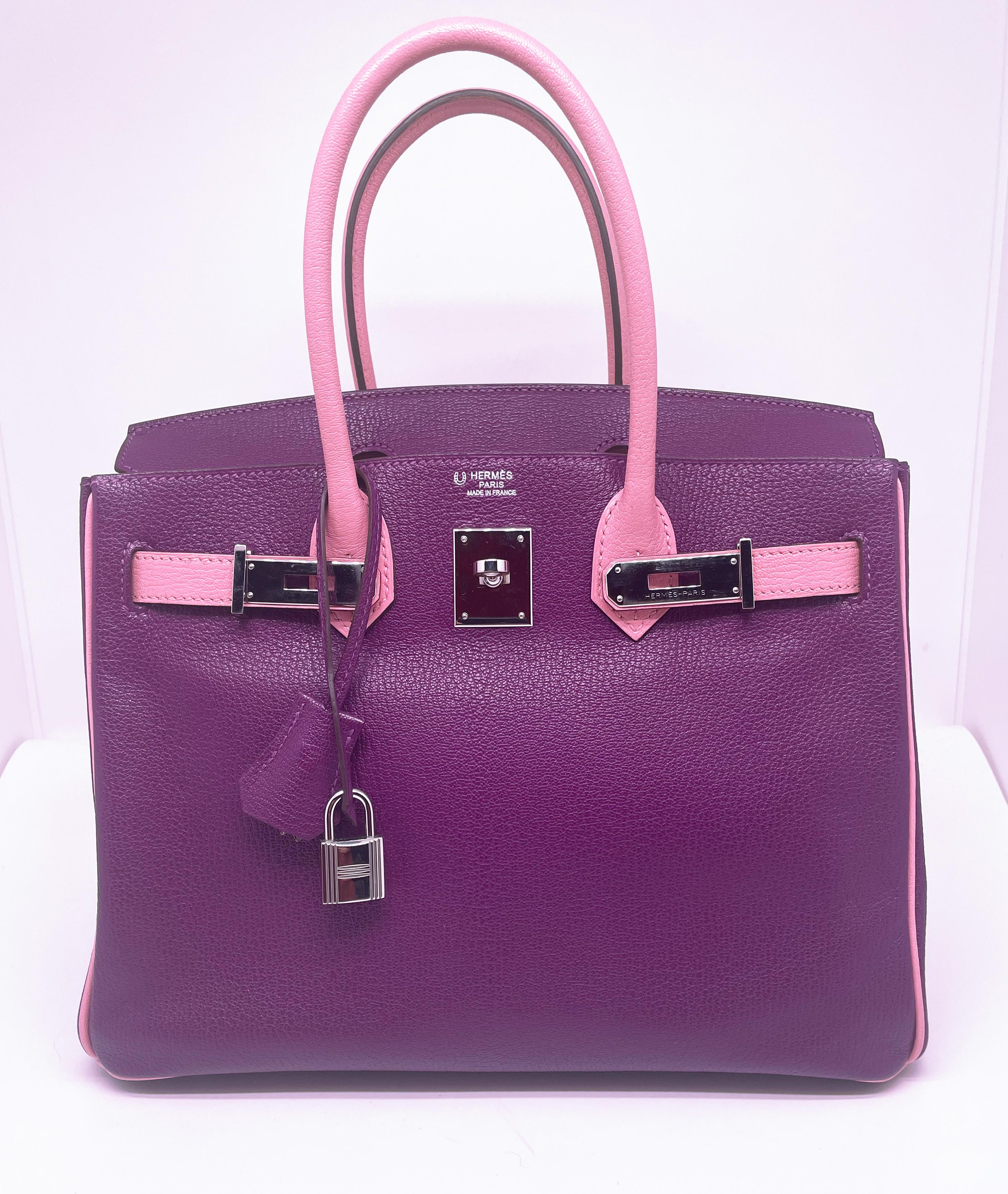 Superb Hermes Birkin bag 30 cm Bi color HHS Goatskin Mysore Anemone and
Pink Confetti palladium silver trim, Special Order with horseshoe
Year of Manufacture 2013
Included Padlock, Keys, Bell, Dustbag, Box,
Very good condition, very slight wear