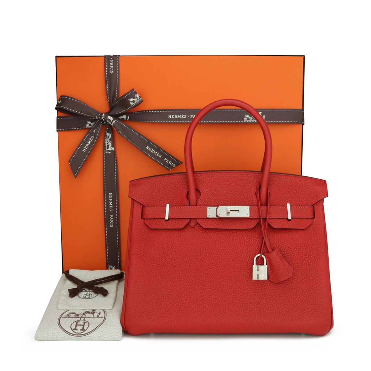 Hermès Birkin Bag 30cm Rouge Casaque Togo Leather with Palladium Hardware Stamp Q_Year 2013.

This bag is still in excellent condition. The leather smells as fresh as when it was new, and the bag retains its original shape. The hardware is still