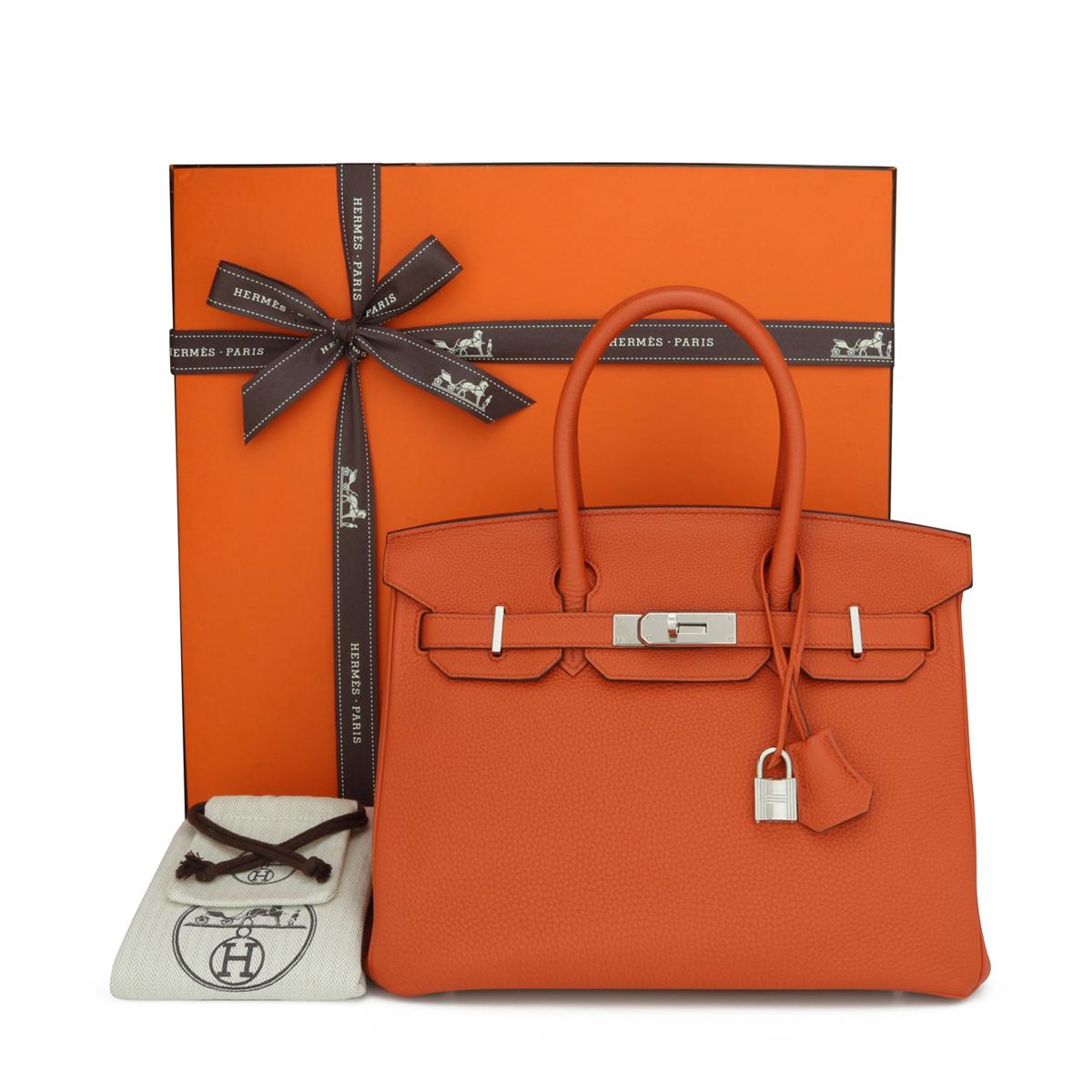 Hermès Birkin Bag 30cm Terre Battue Orange Togo Leather with Palladium Hardware Stamp X_Year 2016.

This bag is still in excellent condition. The leather still smells as fresh as when it was new, and the bag still holds to its original shape. The