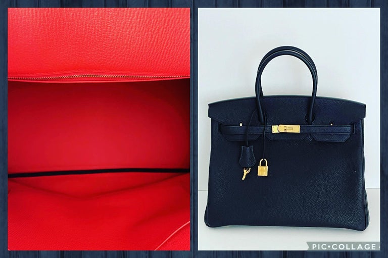 HERMÈS
Special order Horseshoe stamp
Black  togo with contrasting Orange Poppy Chevre leather interior
Why buy boring black when you can standout with this VIP Special Order
 
Description
Hermes 35cm Birkin Black, always a favorite with the Hermes