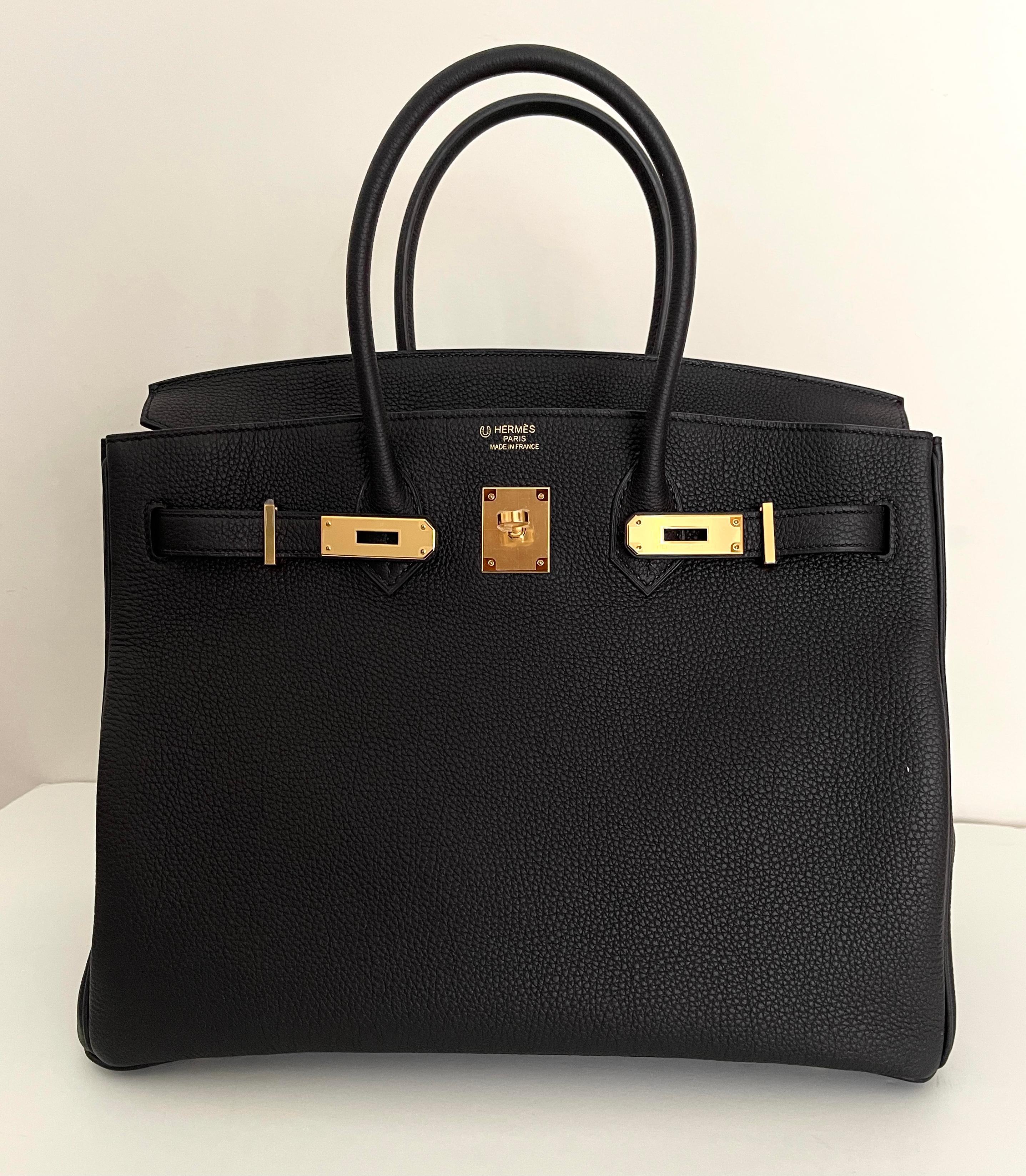 Women's or Men's Hermes Birkin Bag 35 Black w Orange Poppy Togo Gold Hardware -