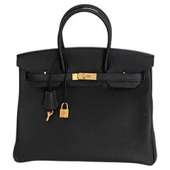 Hermes Birkin Bag 35 Black w Orange Poppy Togo Gold Hardware -