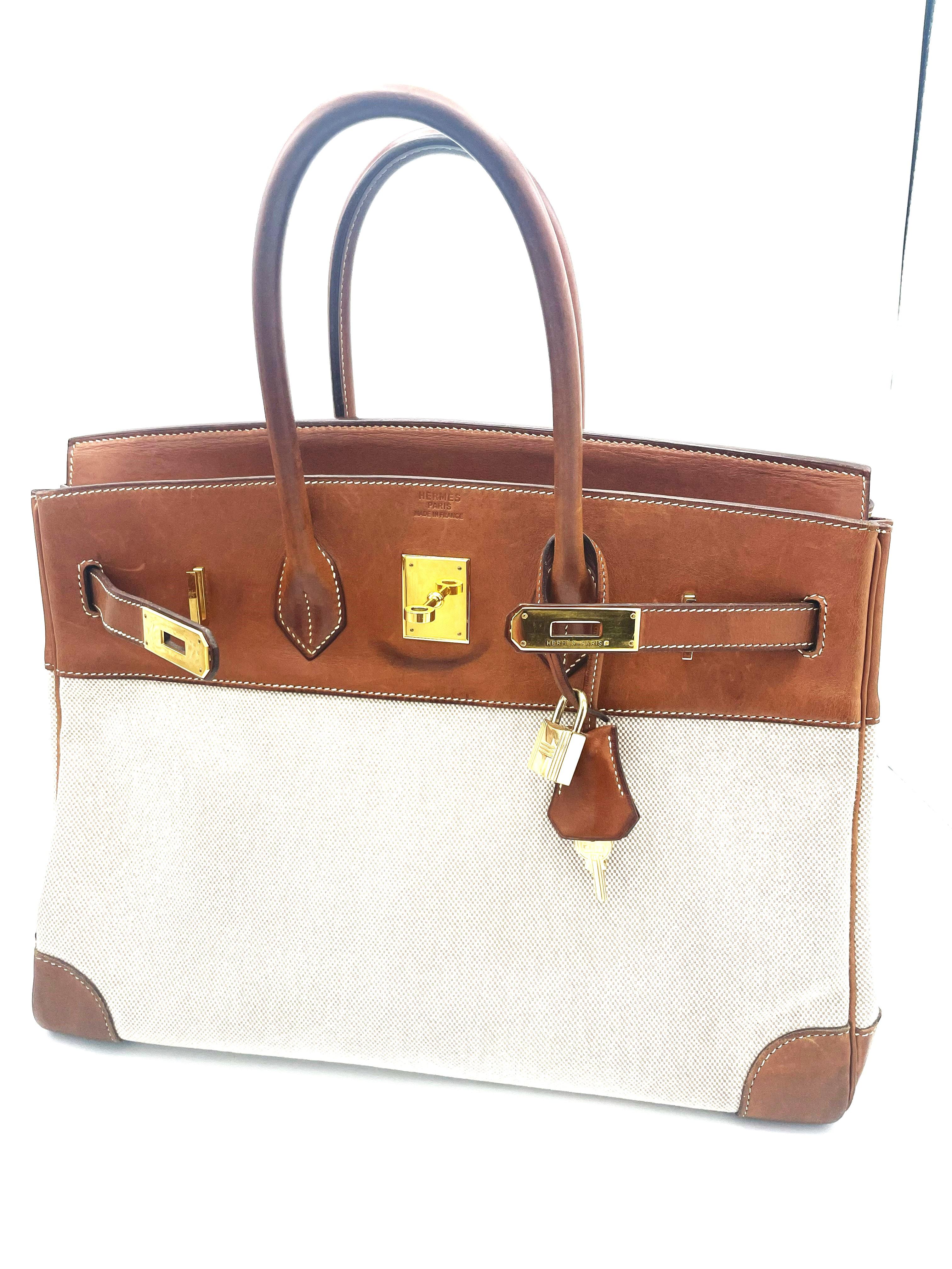 HERMÉS BIRKIN BAG 35 cm, BARENIA LEATHER and CANVAS , Z in Circel - 1996 For Sale 6